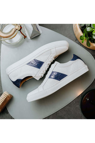 Zelli Italia Olympias White & Navy Crocodile Skin / Calf-Skin Leather Sneaker (ZEL1057)-AmbrogioShoes