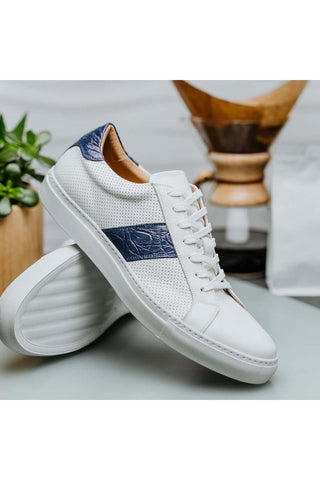 Zelli Italia Olympias White & Navy Crocodile Skin / Calf-Skin Leather Sneaker (ZEL1057)-AmbrogioShoes