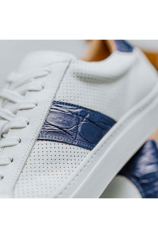 Zelli Italia Olympias White & Navy Crocodile Skin / Calf-Skin Leather Sneaker (ZEL1057)-AmbrogioShoes
