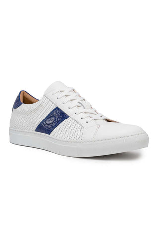 Zelli Italia Olympias White & Navy Crocodile Skin / Calf-Skin Leather Sneaker (ZEL1057)-AmbrogioShoes