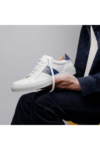 Zelli Italia Olympias White & Navy Crocodile Skin / Calf-Skin Leather Sneaker (ZEL1057)-AmbrogioShoes