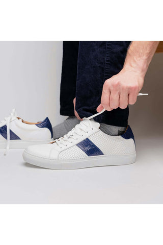 Zelli Italia Olympias White & Navy Crocodile Skin / Calf-Skin Leather Sneaker (ZEL1057)-AmbrogioShoes