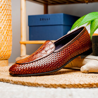 Zelli Italia Palio Men’s Shoes Cognac Crocodile & Woven Calf-Skin Leather Loafer (ZEL1017)-AmbrogioShoes