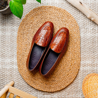 Zelli Italia Palio Men’s Shoes Cognac Crocodile & Woven Calf-Skin Leather Loafer (ZEL1017)-AmbrogioShoes