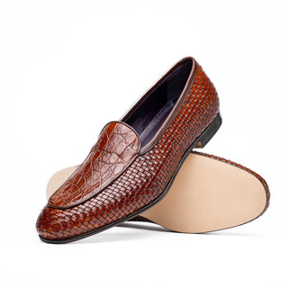 Zelli Italia Palio Men’s Shoes Cognac Crocodile & Woven Calf-Skin Leather Loafer (ZEL1017)-AmbrogioShoes