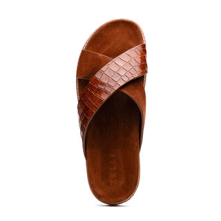 Zelli Italia Rena Men’s Shoes Cognac Crocodile Print / Goat-Skin Leather Sandal (ZEL1013)-AmbrogioShoes