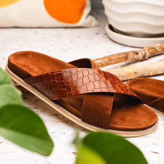 Zelli Italia Rena Men’s Shoes Cognac Crocodile Print / Goat-Skin Leather Sandal (ZEL1013)-AmbrogioShoes