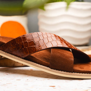 Zelli Italia Rena Men’s Shoes Cognac Crocodile Print / Goat-Skin Leather Sandal (ZEL1013)-AmbrogioShoes