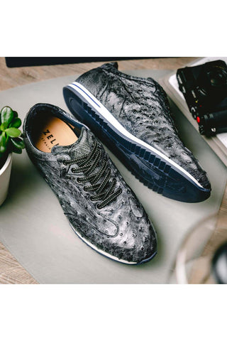 Zelli Italia Rio Black Denim Ostrich Skin Sneaker (ZEL1054)-AmbrogioShoes