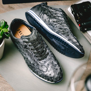 Zelli Italia Rio Men's Shoes Black Denim Ostrich Skin Sneaker (ZEL1054)-AmbrogioShoes