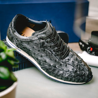 Zelli Italia Rio Men's Shoes Black Denim Ostrich Skin Sneaker (ZEL1054)-AmbrogioShoes