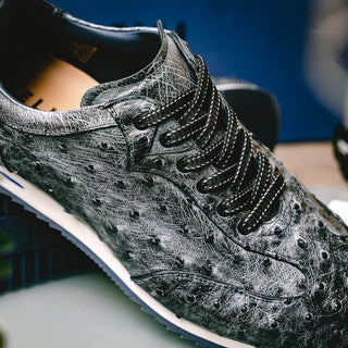 Zelli Italia Rio Men's Shoes Black Denim Ostrich Skin Sneaker (ZEL1054)-AmbrogioShoes