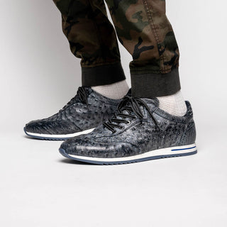 Zelli Italia Rio Men's Shoes Black Denim Ostrich Skin Sneaker (ZEL1054)-AmbrogioShoes