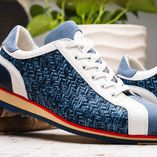 Zelli Italia Ripi Men's Shoes Blue & White Woven Calf-Skin Leather Sneaker (ZEL1056)-AmbrogioShoes