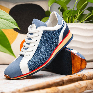 Zelli Italia Ripi Men's Shoes Blue & White Woven Calf-Skin Leather Sneaker (ZEL1056)-AmbrogioShoes