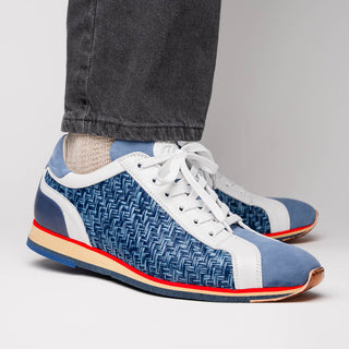 Zelli Italia Ripi Men's Shoes Blue & White Woven Calf-Skin Leather Sneaker (ZEL1056)-AmbrogioShoes