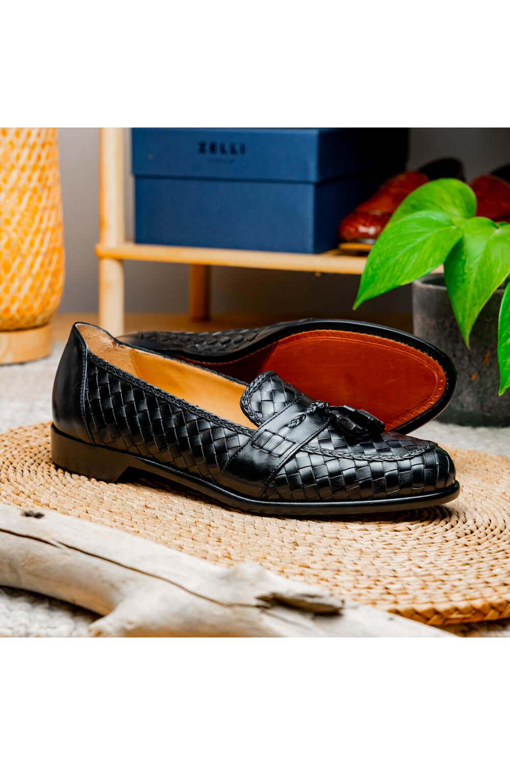 Zelli Italia Riviera Black Woven Calf-Skin Leather Tassel Loafer