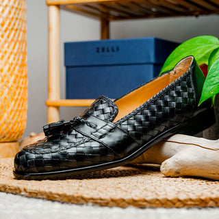 Zelli Italia Riviera Men's Shoes Black Woven Calf-Skin Leather Tassel Loafer (ZEL1020)-AmbrogioShoes