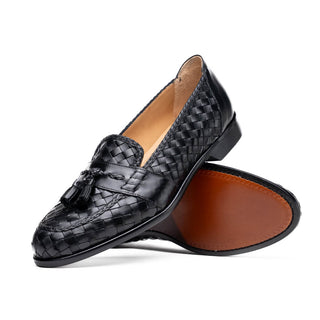 Zelli Italia Riviera Men's Shoes Black Woven Calf-Skin Leather Tassel Loafer (ZEL1020)-AmbrogioShoes