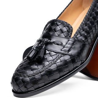 Zelli Italia Riviera Men's Shoes Black Woven Calf-Skin Leather Tassel Loafer (ZEL1020)-AmbrogioShoes