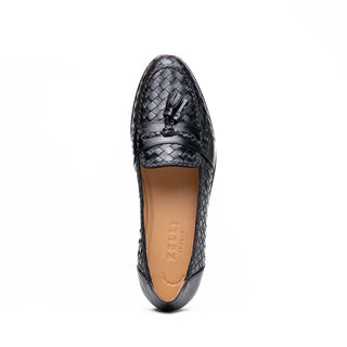 Zelli Italia Riviera Men's Shoes Black Woven Calf-Skin Leather Tassel Loafer (ZEL1020)-AmbrogioShoes