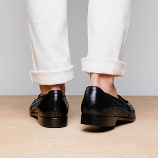 Zelli Italia Riviera Men's Shoes Black Woven Calf-Skin Leather Tassel Loafer (ZEL1020)-AmbrogioShoes