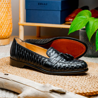 Zelli Italia Riviera Men's Shoes Black Woven Calf-Skin Leather Tassel Loafer (ZEL1020)-AmbrogioShoes