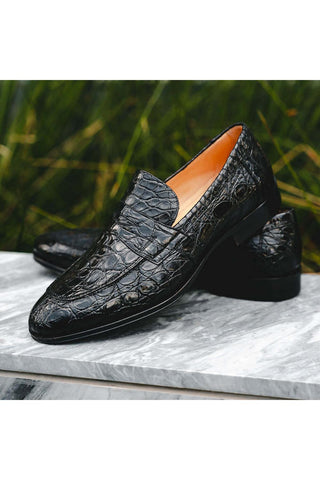 Zelli Italia Roma Black Crocodile Skin Penny Loafer (ZEL1003)-AmbrogioShoes