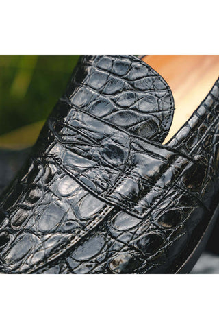 Zelli Italia Roma Black Crocodile Skin Penny Loafer (ZEL1003)-AmbrogioShoes