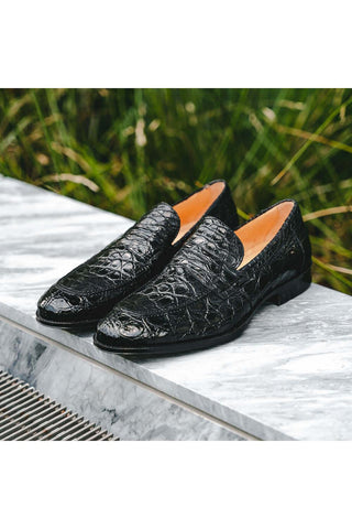 Zelli Italia Roma Black Crocodile Skin Penny Loafer (ZEL1003)-AmbrogioShoes