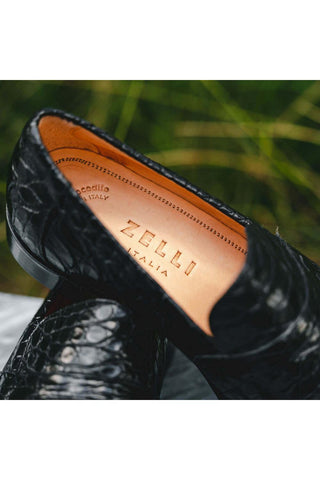 Zelli Italia Roma Black Crocodile Skin Penny Loafer (ZEL1003)-AmbrogioShoes