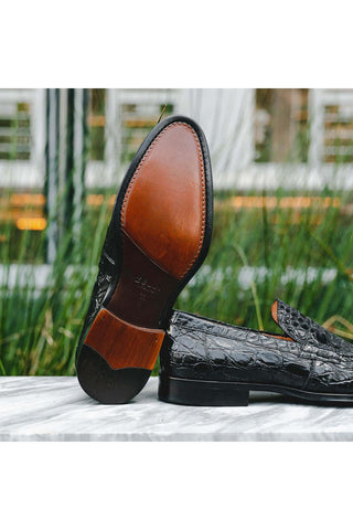 Zelli Italia Roma Black Crocodile Skin Penny Loafer (ZEL1003)-AmbrogioShoes