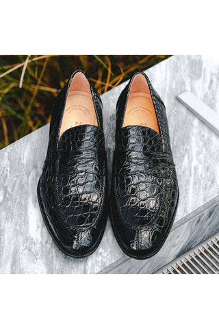 Zelli Italia Roma Black Crocodile Skin Penny Loafer (ZEL1003)-AmbrogioShoes