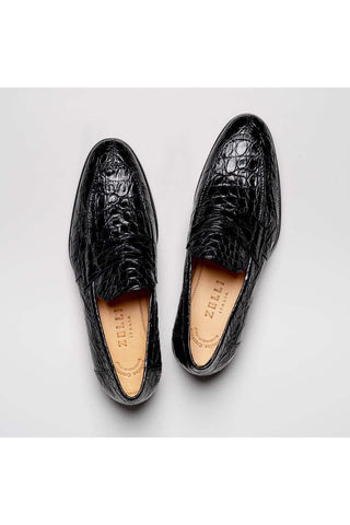 Zelli Italia Roma Black Crocodile Skin Penny Loafer (ZEL1003)-AmbrogioShoes