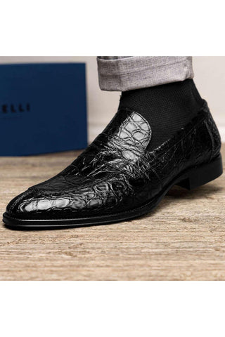 Zelli Italia Roma Black Crocodile Skin Penny Loafer (ZEL1003)-AmbrogioShoes