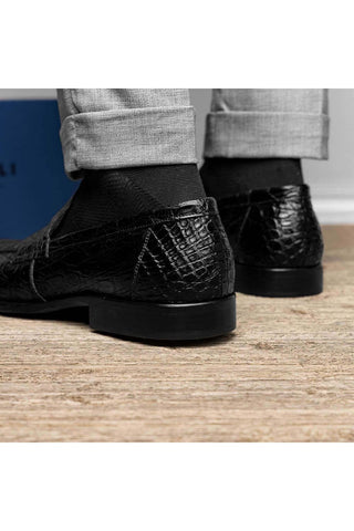 Zelli Italia Roma Black Crocodile Skin Penny Loafer (ZEL1003)-AmbrogioShoes