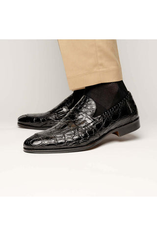 Zelli Italia Roma Black Crocodile Skin Penny Loafer (ZEL1003)-AmbrogioShoes
