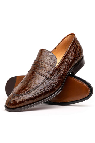 Zelli Italia Roma Cognac Crocodile Skin Penny Loafer (ZEL1003)-AmbrogioShoes