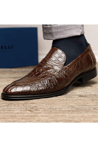 Zelli Italia Roma Cognac Crocodile Skin Penny Loafer (ZEL1003)-AmbrogioShoes