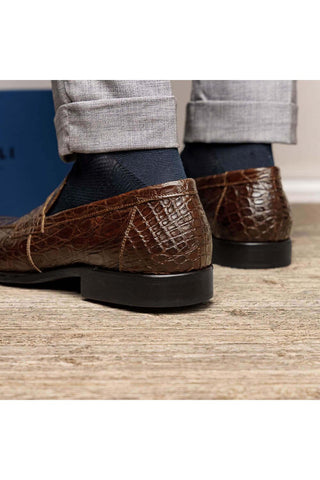 Zelli Italia Roma Cognac Crocodile Skin Penny Loafer (ZEL1003)-AmbrogioShoes