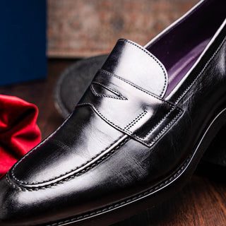 Zelli Italia Roma Men's Shoes Black Burnished Calf-Skin Leather Penny Loafer (ZEL1019)-AmbrogioShoes