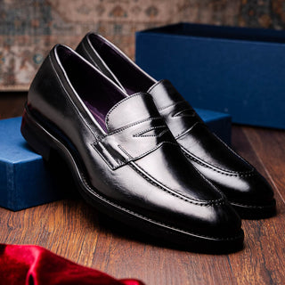 Zelli Italia Roma Men's Shoes Black Burnished Calf-Skin Leather Penny Loafer (ZEL1019)-AmbrogioShoes