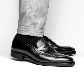 Zelli Italia Roma Men's Shoes Black Burnished Calf-Skin Leather Penny Loafer (ZEL1019)-AmbrogioShoes