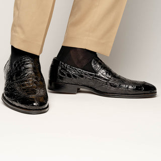 Zelli Italia Roma Men's Shoes Black Crocodile Skin Penny Loafer (ZEL1003)-AmbrogioShoes