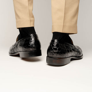 Zelli Italia Roma Men's Shoes Black Crocodile Skin Penny Loafer (ZEL1003)-AmbrogioShoes