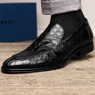Zelli Italia Roma Men's Shoes Black Crocodile Skin Penny Loafer (ZEL1003)-AmbrogioShoes
