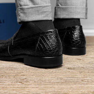 Zelli Italia Roma Men's Shoes Black Crocodile Skin Penny Loafer (ZEL1003)-AmbrogioShoes