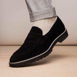 Zelli Italia Roma Men's Shoes Black Suede Leather Penny Loafer (ZEL1032)-AmbrogioShoes