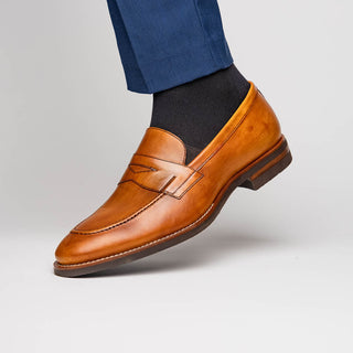 Zelli Italia Roma Men's Shoes Camel Burnished Calf-Skin Leather Penny Loafer (ZEL1019)-AmbrogioShoes