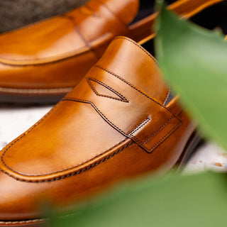 Zelli Italia Roma Men's Shoes Camel Burnished Calf-Skin Leather Penny Loafer (ZEL1019)-AmbrogioShoes